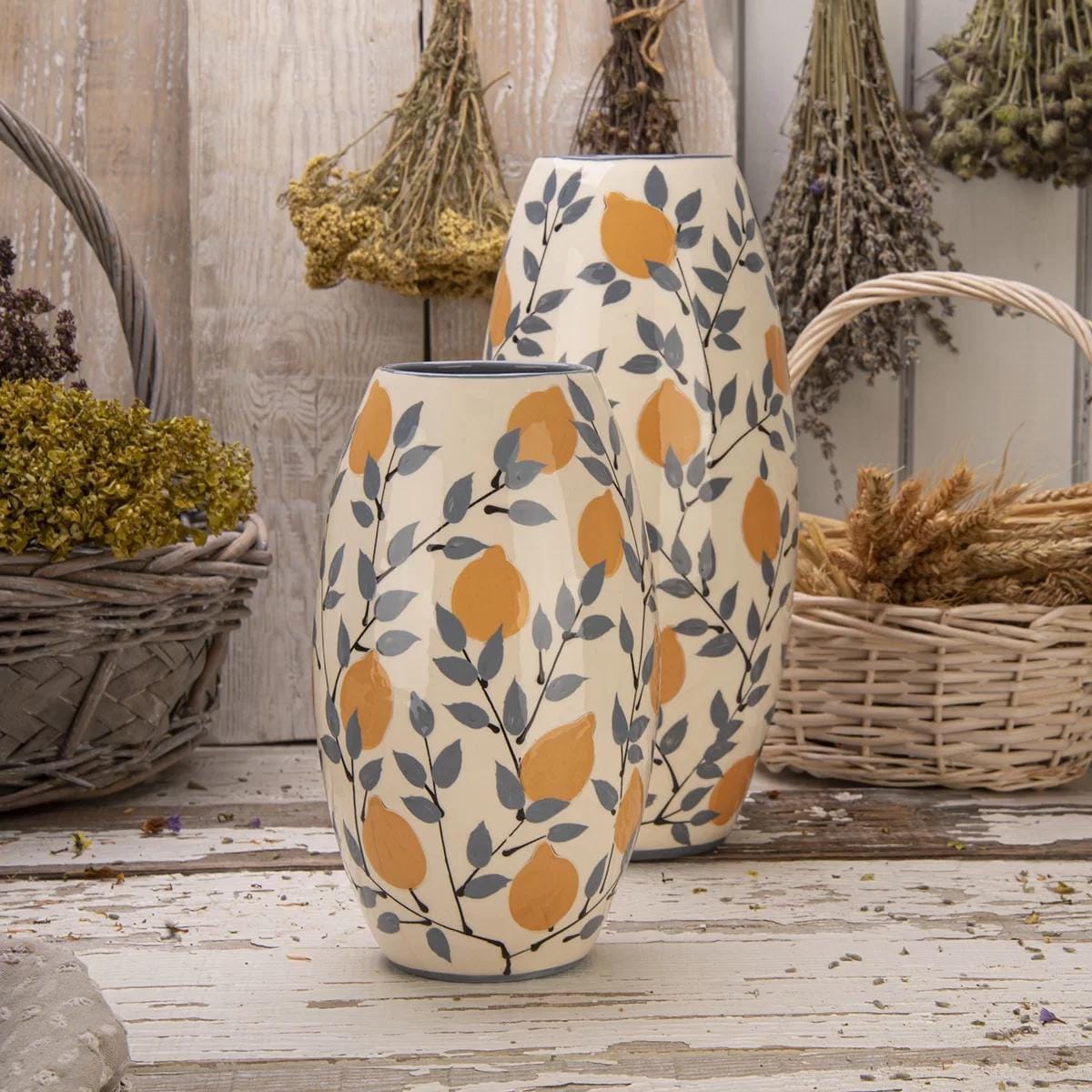 Vaso alto in ceramica con limoni, grande vaso in ceramica, vaso Ikebana, vaso cilindrico per fiori, regalo per nuovi proprietari di casa