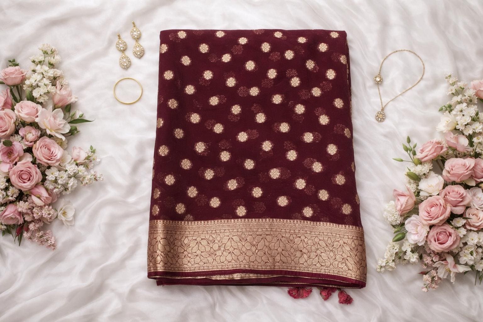 Sari Banarasi marrone con bordo Zari dorato / Sari in seta da matrimonio