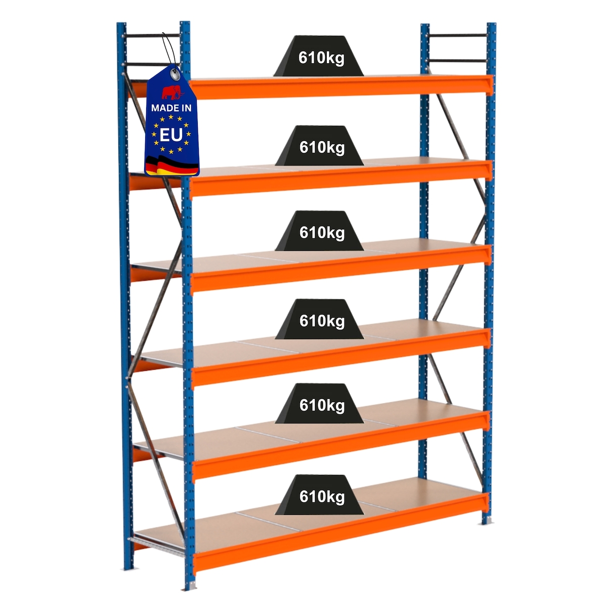 Proregal Industrie Weitspannregal Lagerregal MAXIMUS PRO | Grundregal | HxBxT 300x225x60cm | 6 Ebenen | Spanplatten-Fachboden | Fachlast 610 kg | Blau/Orange Image