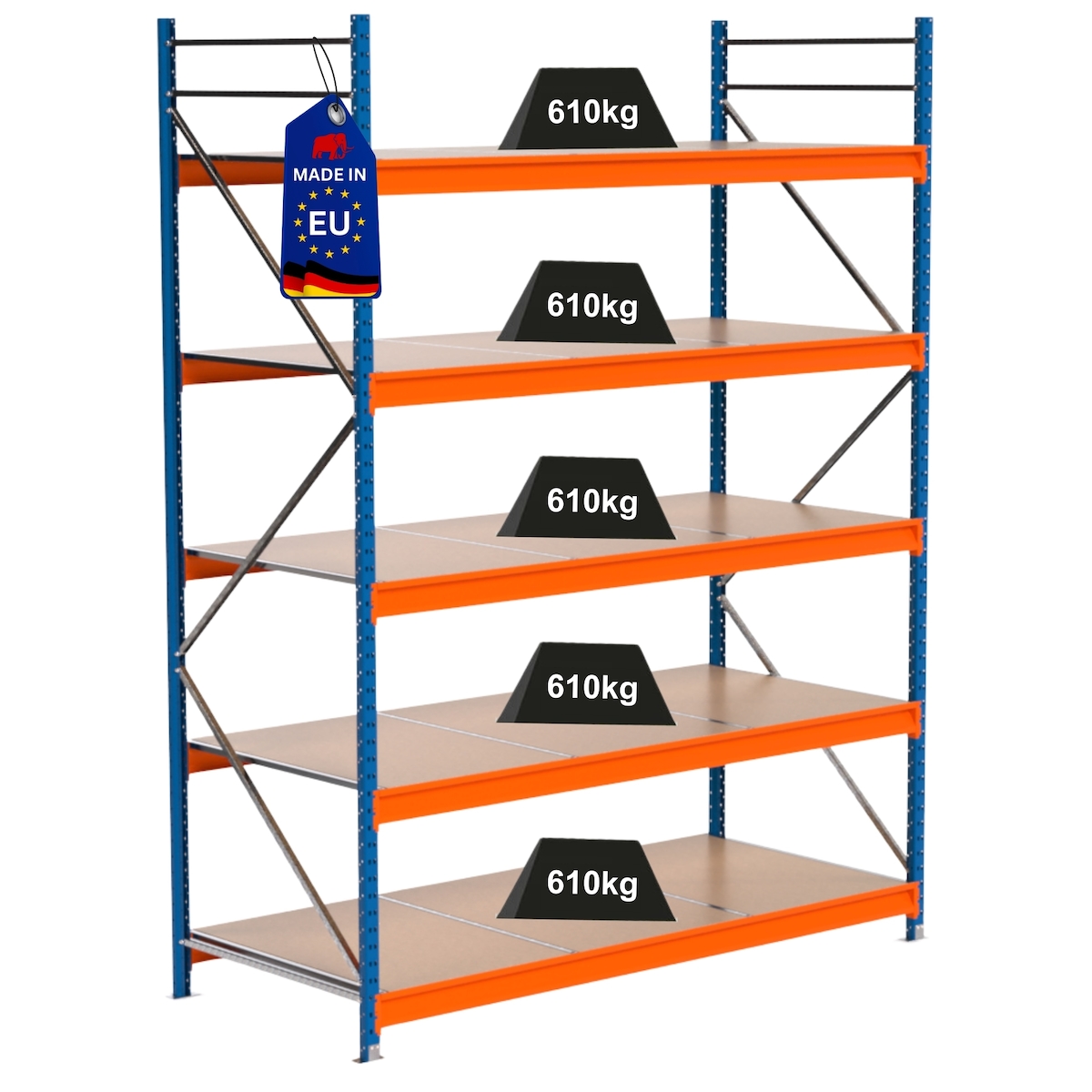 Proregal Industrie Weitspannregal Lagerregal MAXIMUS PRO | Grundregal | HxBxT 300x225x100cm | 5 Ebenen | Spanplatten-Fachboden | Fachlast 610 kg | Blau/Orange Image
