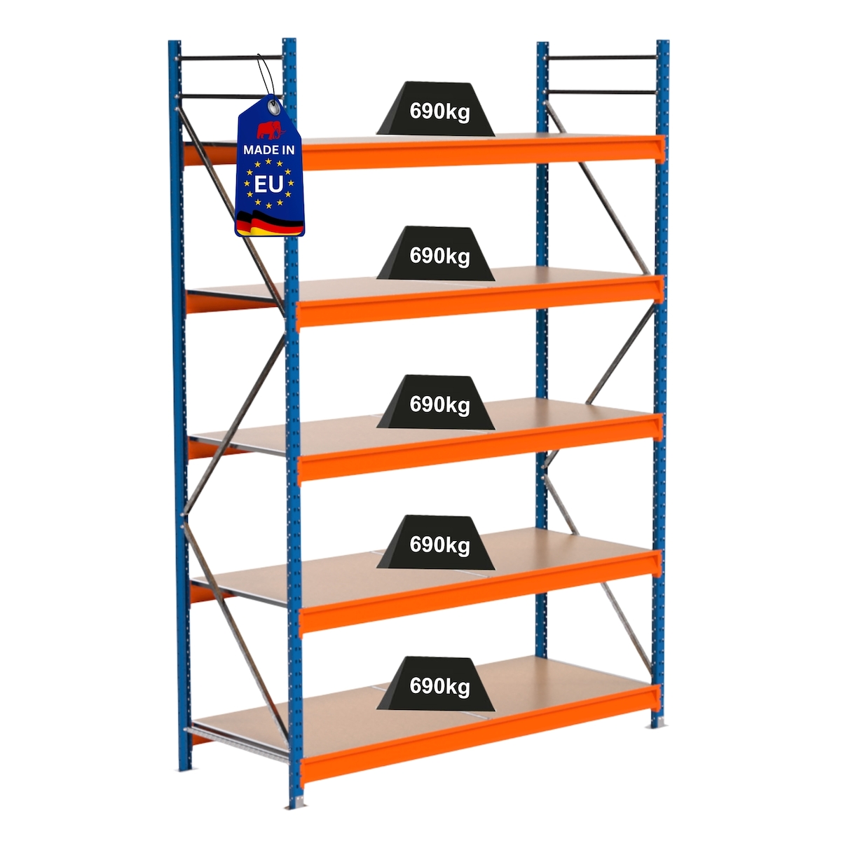 PROREGAL Industrie Schwerlastregal MAXIMUS PRO, Grundregal, HxBxT 300x200x80cm, 5 Ebenen, Spanplatten-Fachboden, Fachlast 690 kg, Blau/Orange Image