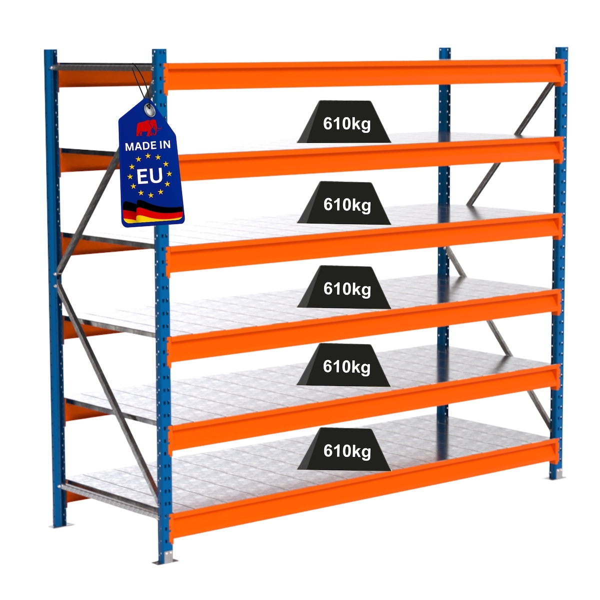 PROREGAL Industrie Schwerlastregal MAXIMUS PRO, Grundregal, HxBxT 200x225x80cm, 6 Ebenen, Stahlplatten-Fachboden, Fachlast 610 kg, Blau/Orange Image