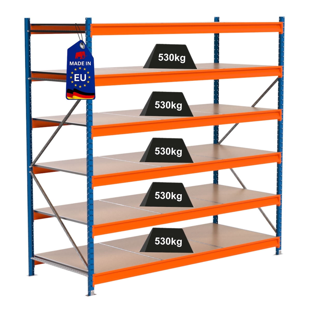 PROREGAL Industrie Schwerlastregal MAXIMUS PRO, Grundregal, HxBxT 250x250x100cm, 6 Ebenen, Spanplatten-Fachboden, Fachlast 530 kg, Blau/Orange Image