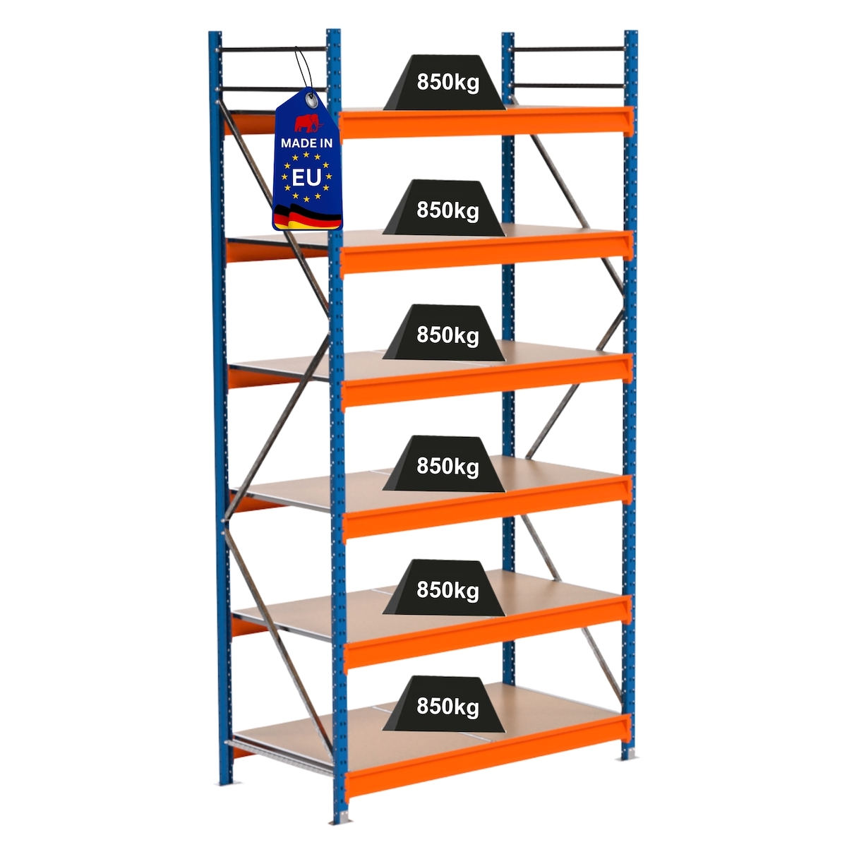 Proregal Industrie Weitspannregal Lagerregal MAXIMUS PRO | Grundregal | HxBxT 300x150x80cm | 6 Ebenen | Spanplatten-Fachboden | Fachlast 850 kg | Blau/Orange Image