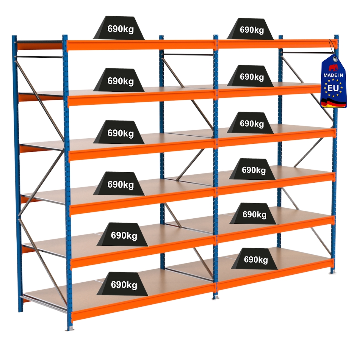 PROREGAL Industrie Schwerlastregal MAXIMUS PRO, Komplettregal, HxBxT 300x400x100cm, 6 Ebenen, Spanplatten-Fachboden, Fachlast 690 kg, Blau/Orange Image