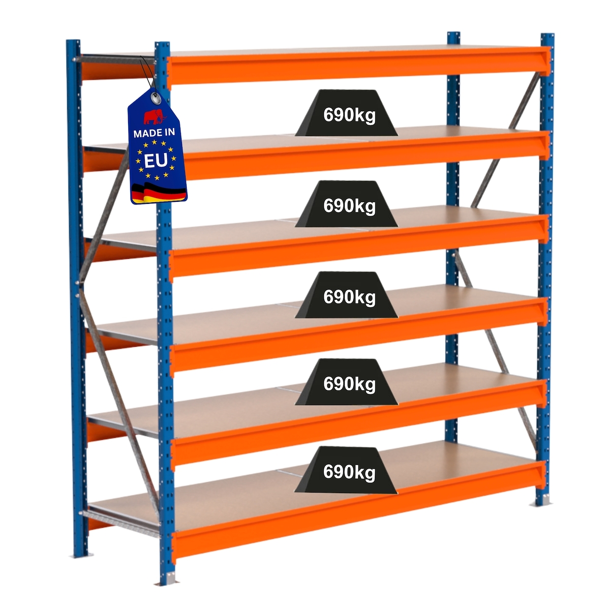Proregal Industrie Weitspannregal Lagerregal MAXIMUS PRO | Grundregal | HxBxT 200x200x60cm | 6 Ebenen | Spanplatten-Fachboden | Fachlast 690 kg | Blau/Orange Image