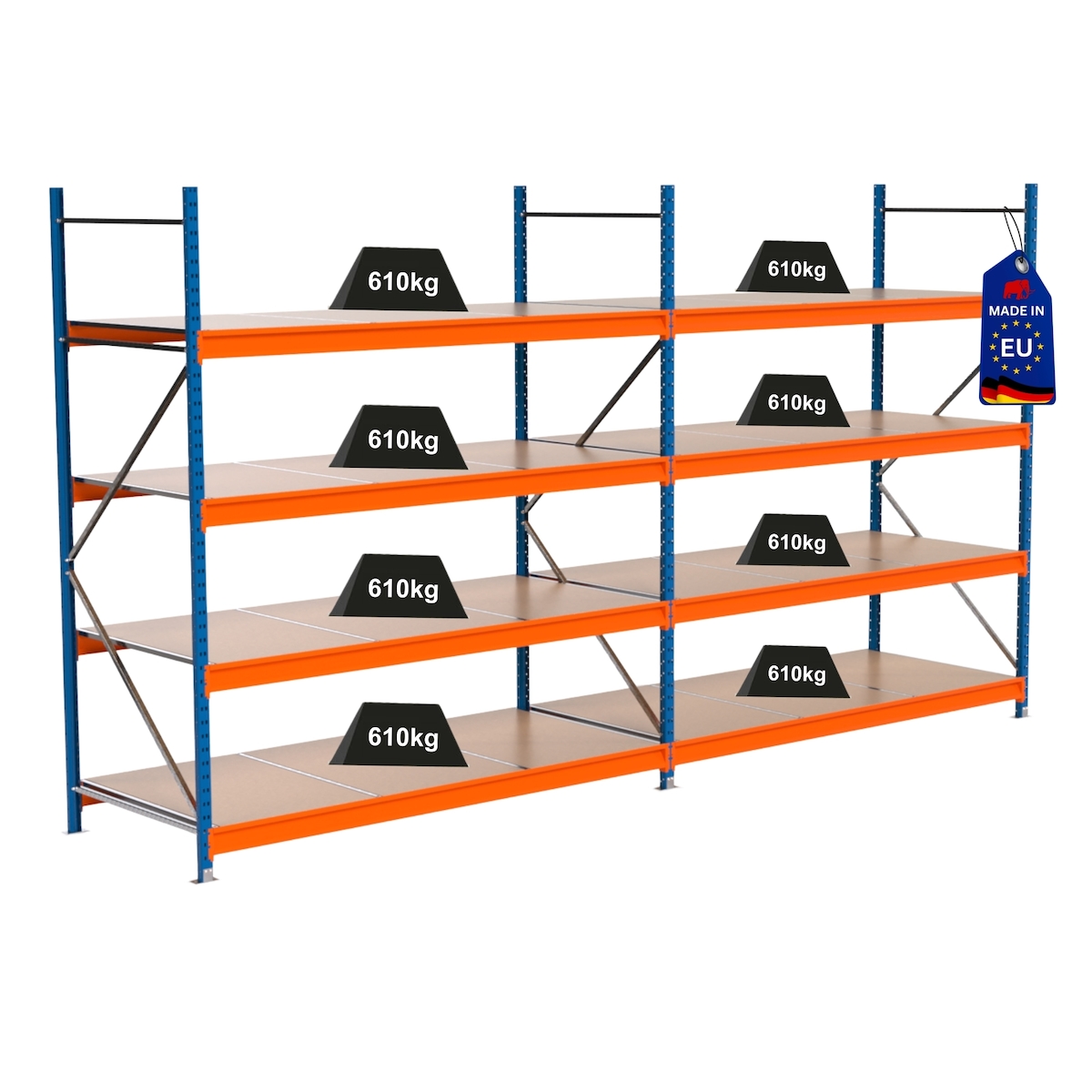 PROREGAL Industrie Schwerlastregal MAXIMUS PRO, Komplettregal, HxBxT 250x450x100cm, 4 Ebenen, Spanplatten-Fachboden, Fachlast 610 kg, Blau/Orange Image