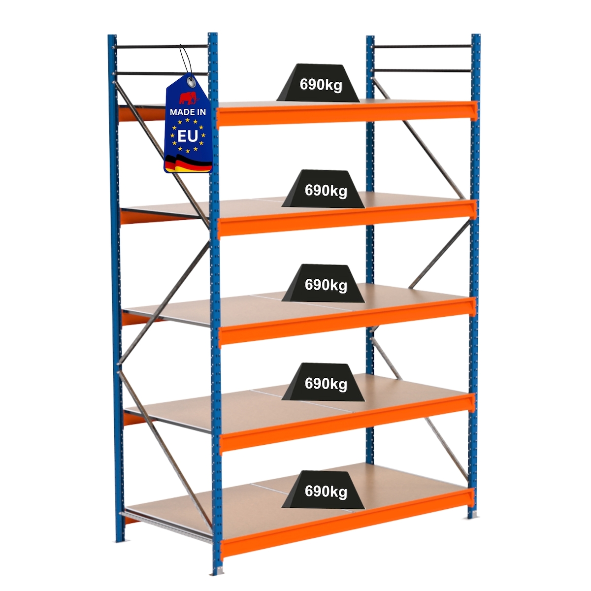 PROREGAL Industrie Schwerlastregal MAXIMUS PRO, Grundregal, HxBxT 300x200x100cm, 5 Ebenen, Spanplatten-Fachboden, Fachlast 690 kg, Blau/Orange Image
