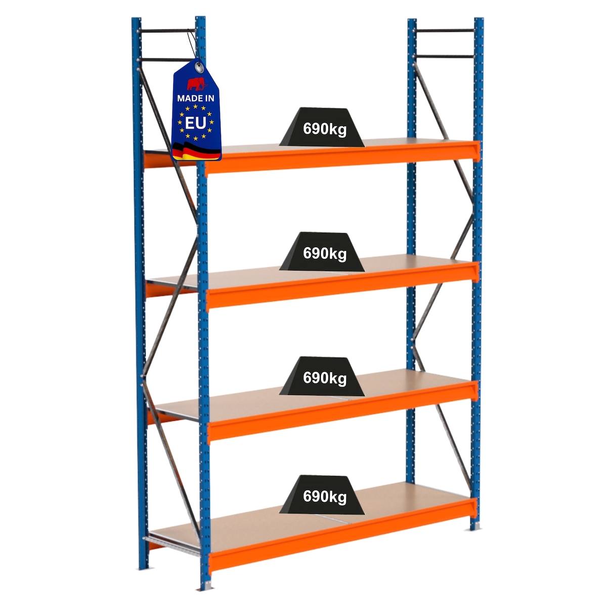 PROREGAL Industrie Schwerlastregal MAXIMUS PRO, Grundregal, HxBxT 300x200x60cm, 4 Ebenen, Spanplatten-Fachboden, Fachlast 690 kg, Blau/Orange Image
