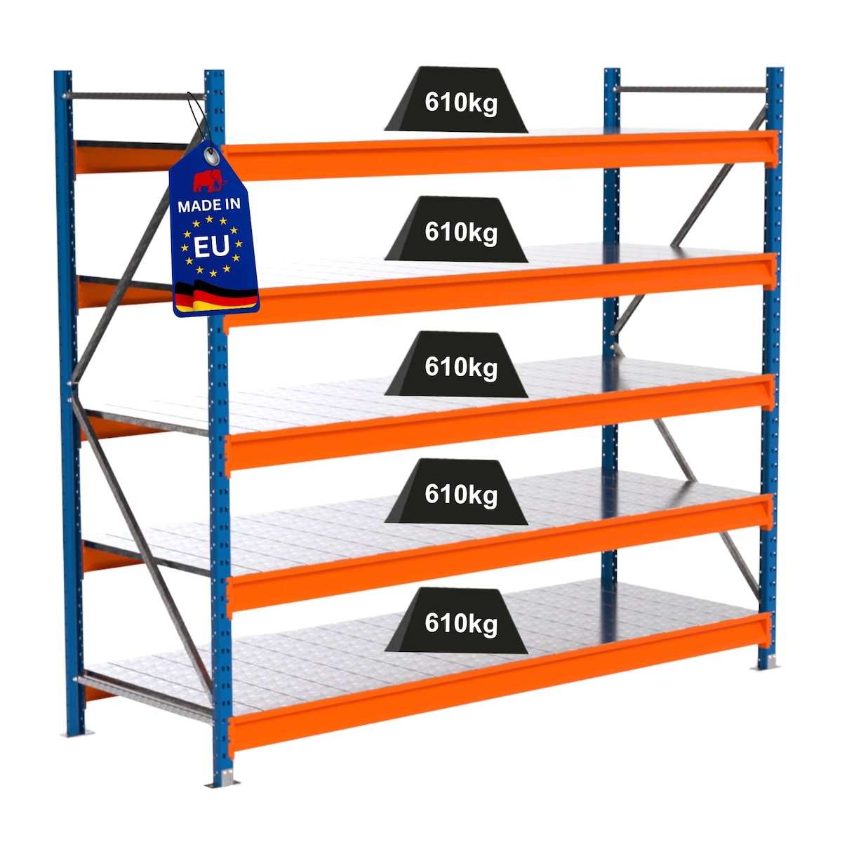 PROREGAL Industrie Schwerlastregal MAXIMUS PRO, Grundregal, HxBxT 200x225x80cm, 5 Ebenen, Stahlplatten-Fachboden, Fachlast 610 kg, Blau/Orange Image