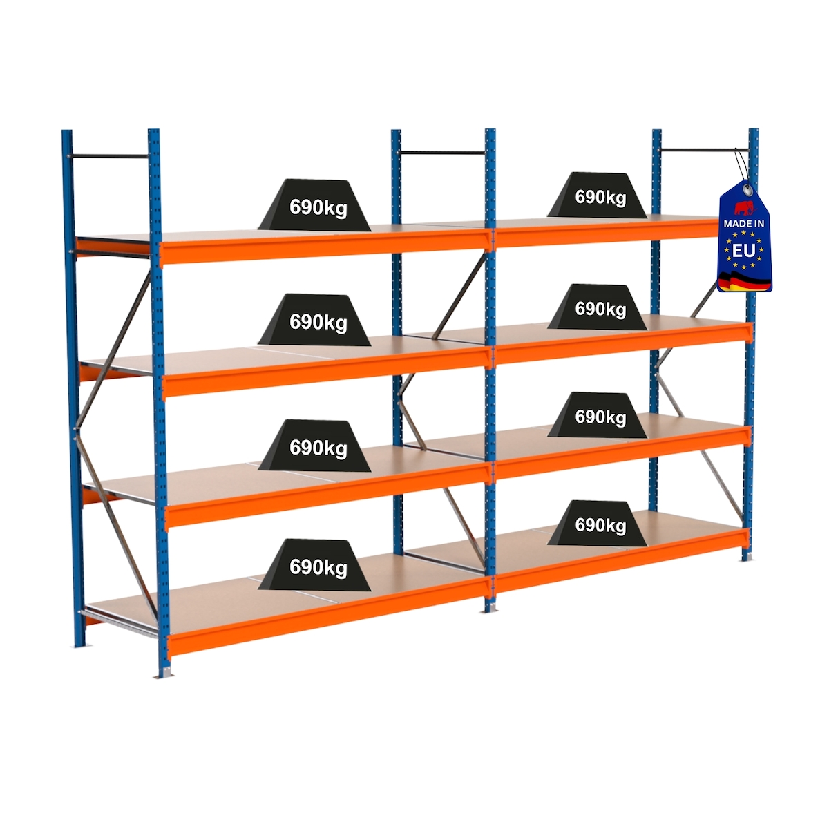 PROREGAL Industrie Schwerlastregal MAXIMUS PRO, Komplettregal, HxBxT 250x400x80cm, 4 Ebenen, Spanplatten-Fachboden, Fachlast 690 kg, Blau/Orange Image