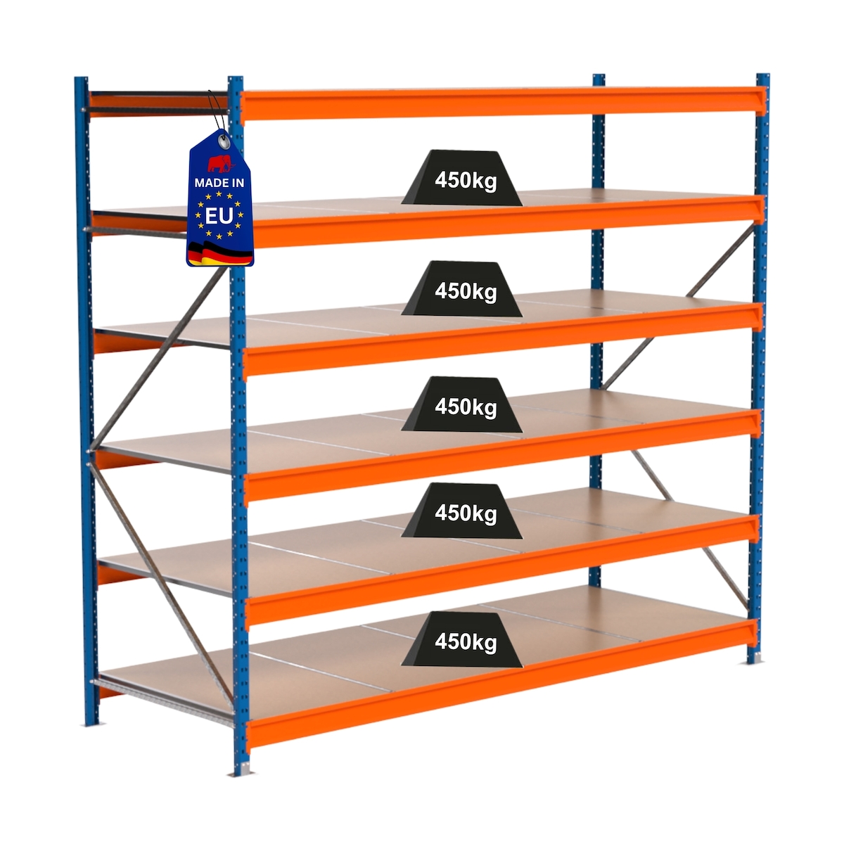 PROREGAL Industrie Schwerlastregal MAXIMUS PRO, Grundregal, HxBxT 250x275x100cm, 6 Ebenen, Spanplatten-Fachboden, Fachlast 450 kg, Blau/Orange Image