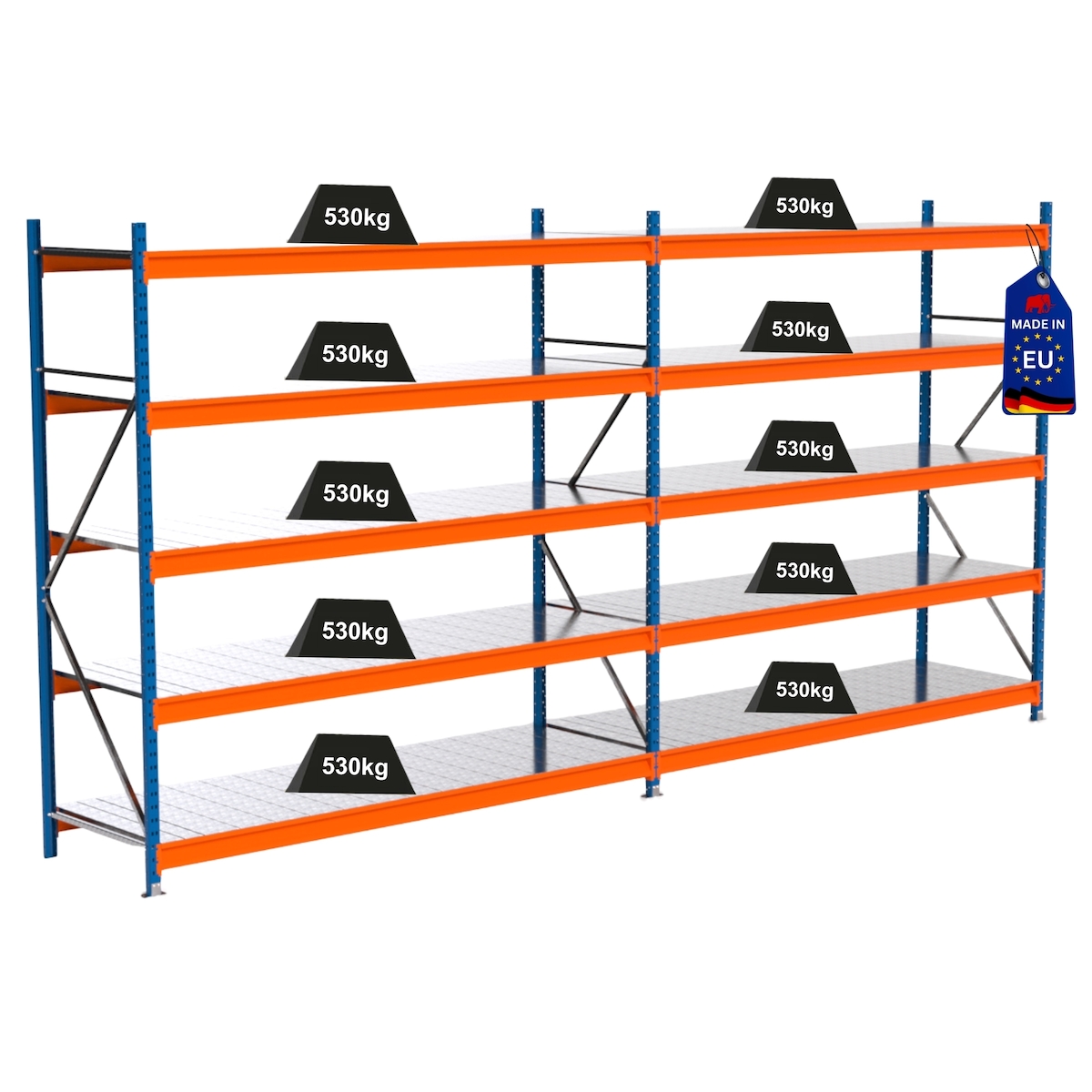 PROREGAL Industrie Schwerlastregal MAXIMUS PRO, Komplettregal, HxBxT 250x500x80cm, 5 Ebenen, Stahlplatten-Fachboden, Fachlast 530 kg, Blau/Orange Image