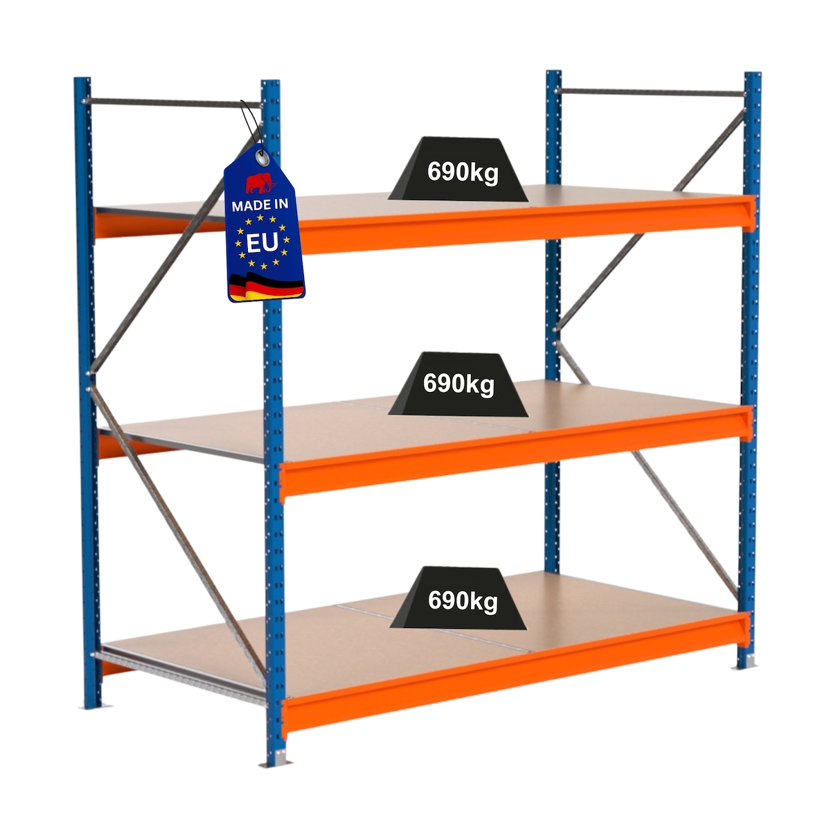 Proregal Industrie Weitspannregal Lagerregal MAXIMUS PRO | Grundregal | HxBxT 200x200x100cm | 3 Ebenen | Spanplatten-Fachboden | Fachlast 690 kg | Blau/Orange Image