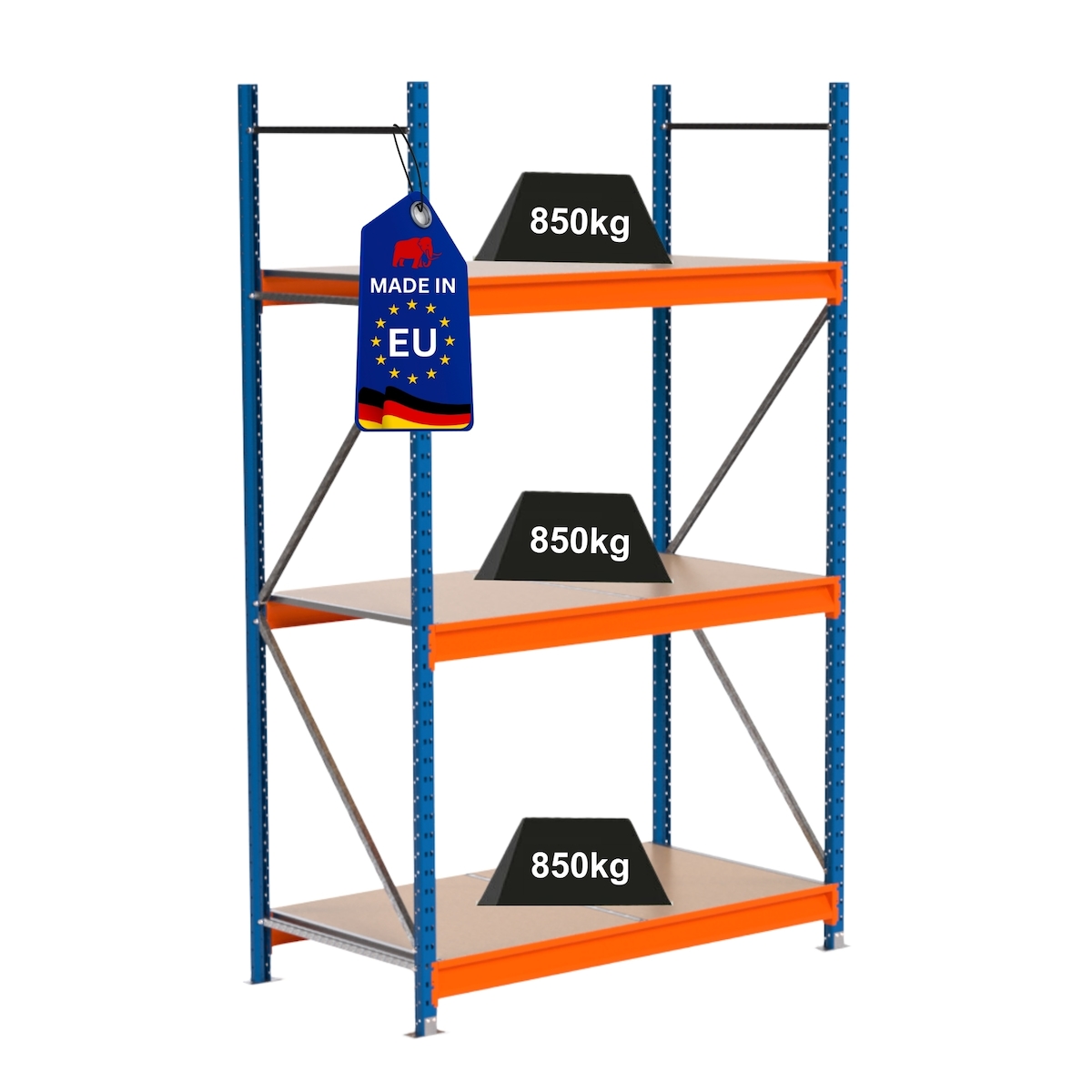 Proregal Industrie Weitspannregal Lagerregal MAXIMUS PRO | Grundregal | HxBxT 250x150x80cm | 3 Ebenen | Spanplatten-Fachboden | Fachlast 850 kg | Blau/Orange Image