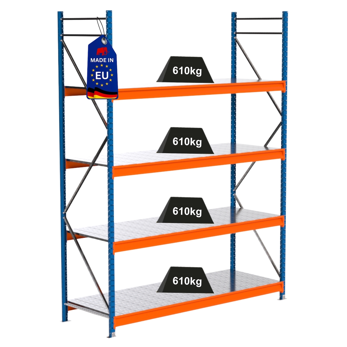 Proregal Industrie Weitspannregal Lagerregal MAXIMUS PRO | Grundregal | HxBxT 300x225x80cm | 4 Ebenen | Stahlplatten-Fachboden | Fachlast 610 kg | Blau/Orange Image
