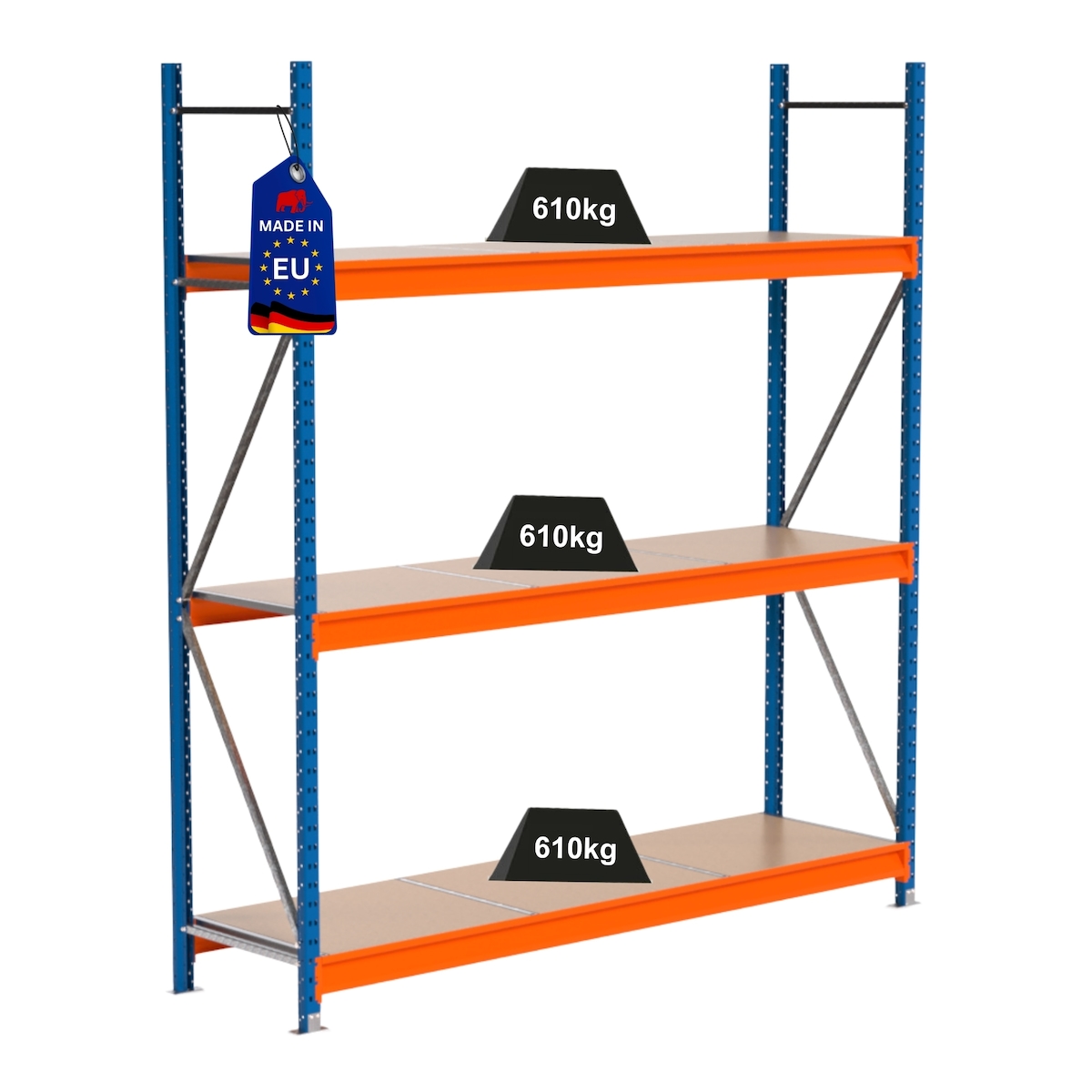 PROREGAL Industrie Schwerlastregal MAXIMUS PRO, Grundregal, HxBxT 250x225x60cm, 3 Ebenen, Spanplatten-Fachboden, Fachlast 610 kg, Blau/Orange Image