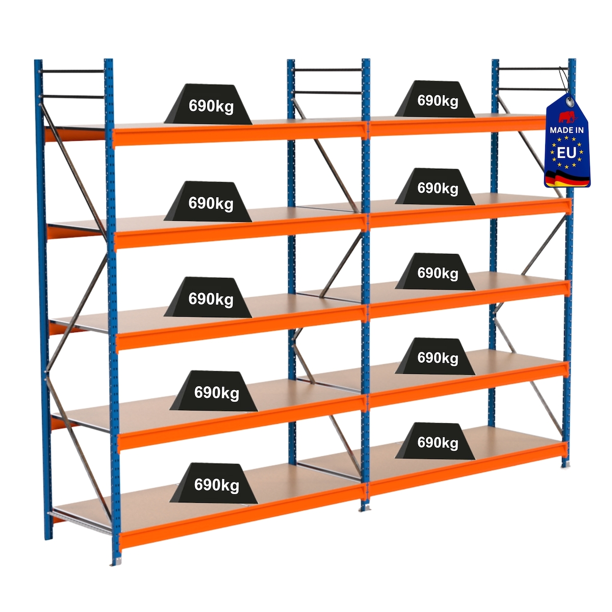PROREGAL Industrie Schwerlastregal MAXIMUS PRO, Komplettregal, HxBxT 300x400x80cm, 5 Ebenen, Spanplatten-Fachboden, Fachlast 690 kg, Blau/Orange Image