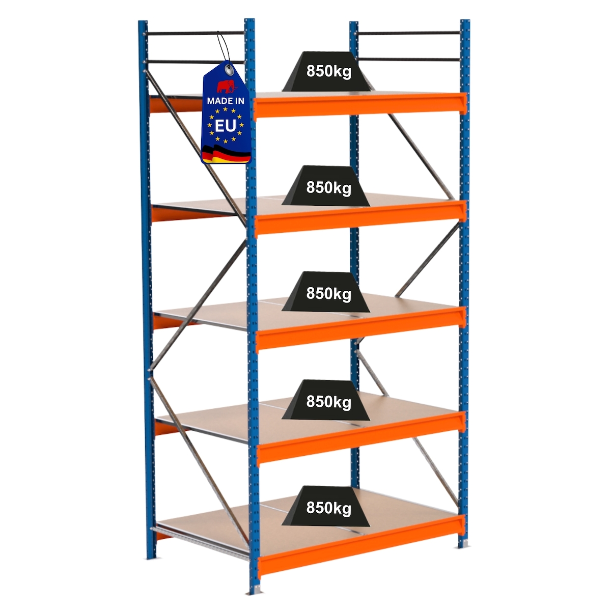 PROREGAL Industrie Schwerlastregal MAXIMUS PRO, Grundregal, HxBxT 300x150x100cm, 5 Ebenen, Spanplatten-Fachboden, Fachlast 850 kg, Blau/Orange Image