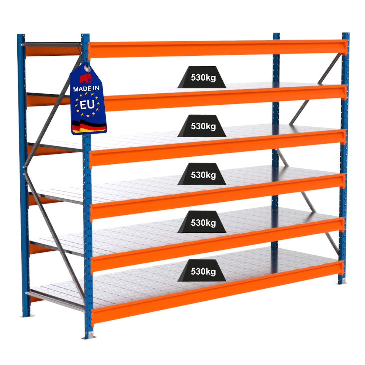 PROREGAL Industrie Schwerlastregal MAXIMUS PRO, Grundregal, HxBxT 200x250x80cm, 6 Ebenen, Stahlplatten-Fachboden, Fachlast 530 kg, Blau/Orange Image