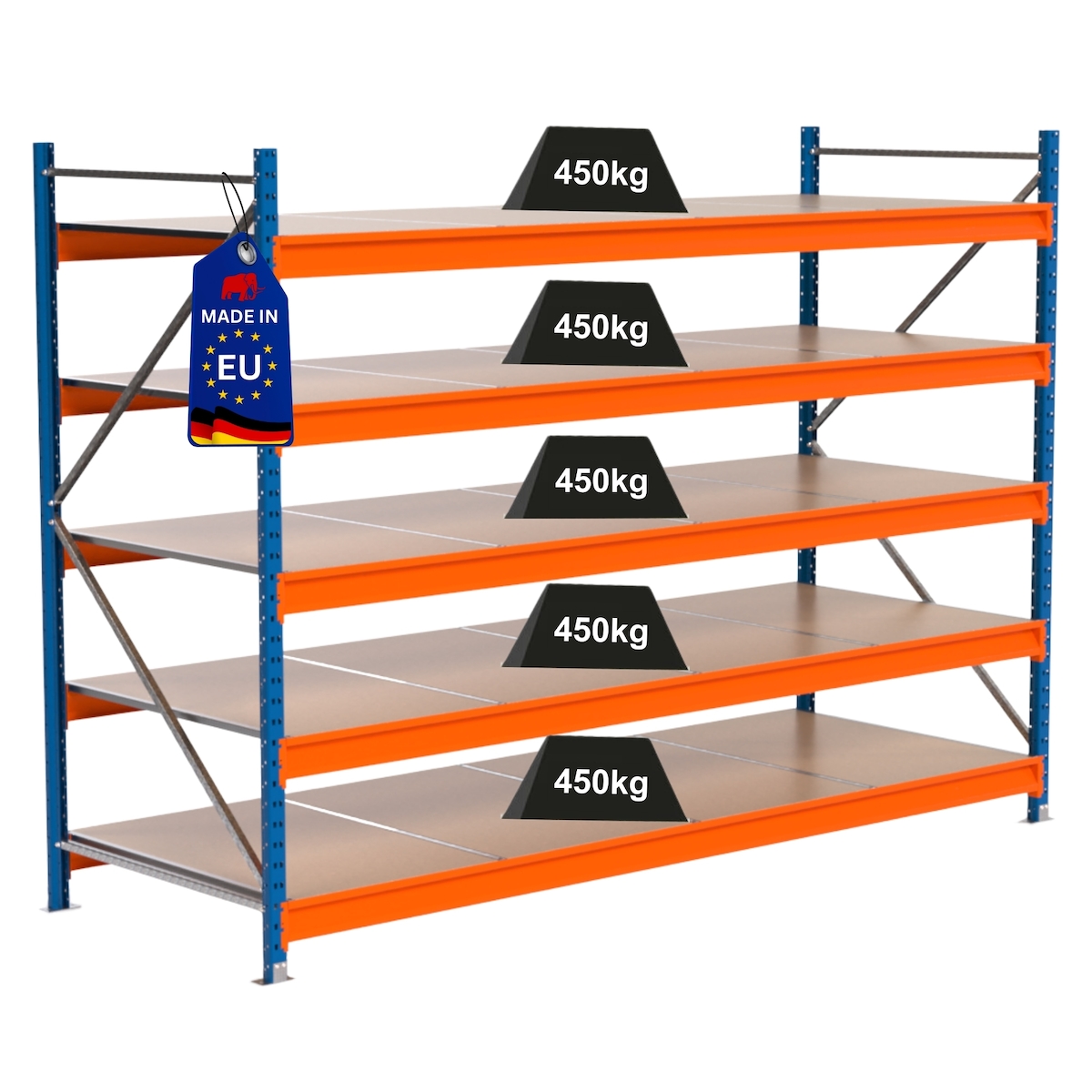 PROREGAL Industrie Schwerlastregal MAXIMUS PRO, Grundregal, HxBxT 200x275x100cm, 5 Ebenen, Spanplatten-Fachboden, Fachlast 450 kg, Blau/Orange Image