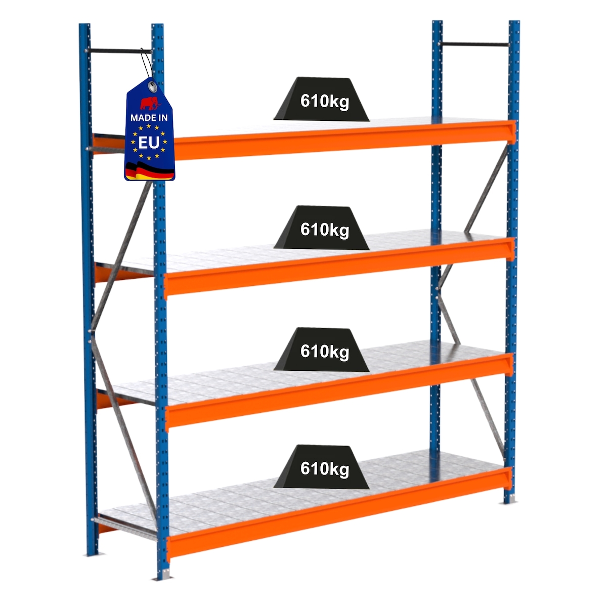 PROREGAL Industrie Schwerlastregal MAXIMUS PRO, Grundregal, HxBxT 250x225x60cm, 4 Ebenen, Stahlplatten-Fachboden, Fachlast 610 kg, Blau/Orange Image