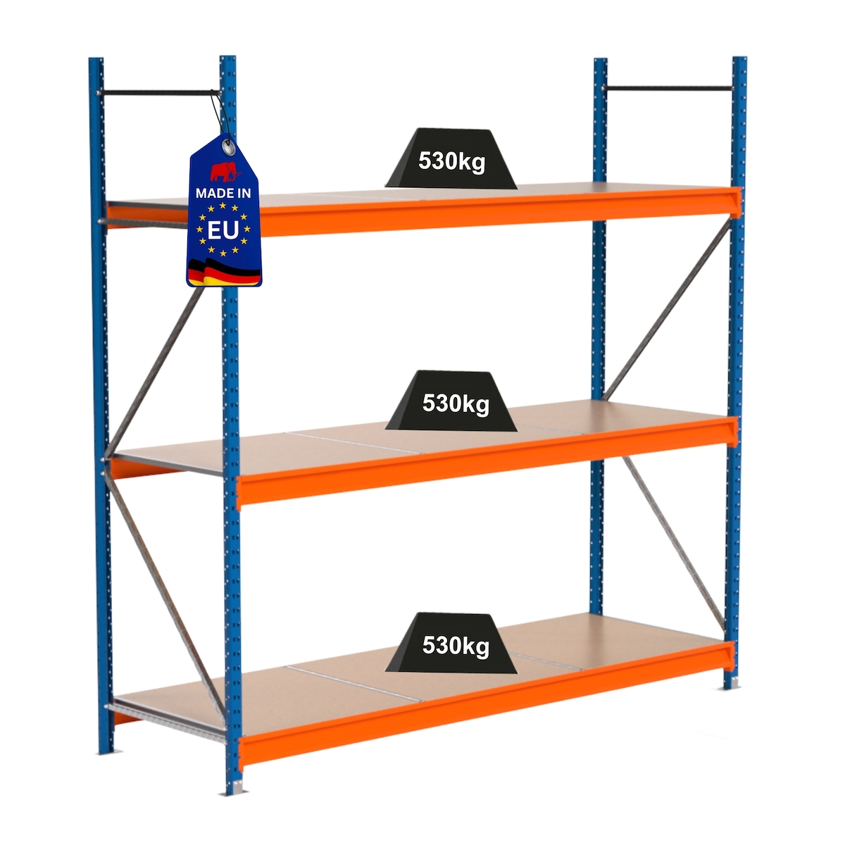 PROREGAL Industrie Schwerlastregal MAXIMUS PRO, Grundregal, HxBxT 250x250x80cm, 3 Ebenen, Spanplatten-Fachboden, Fachlast 530 kg, Blau/Orange Image