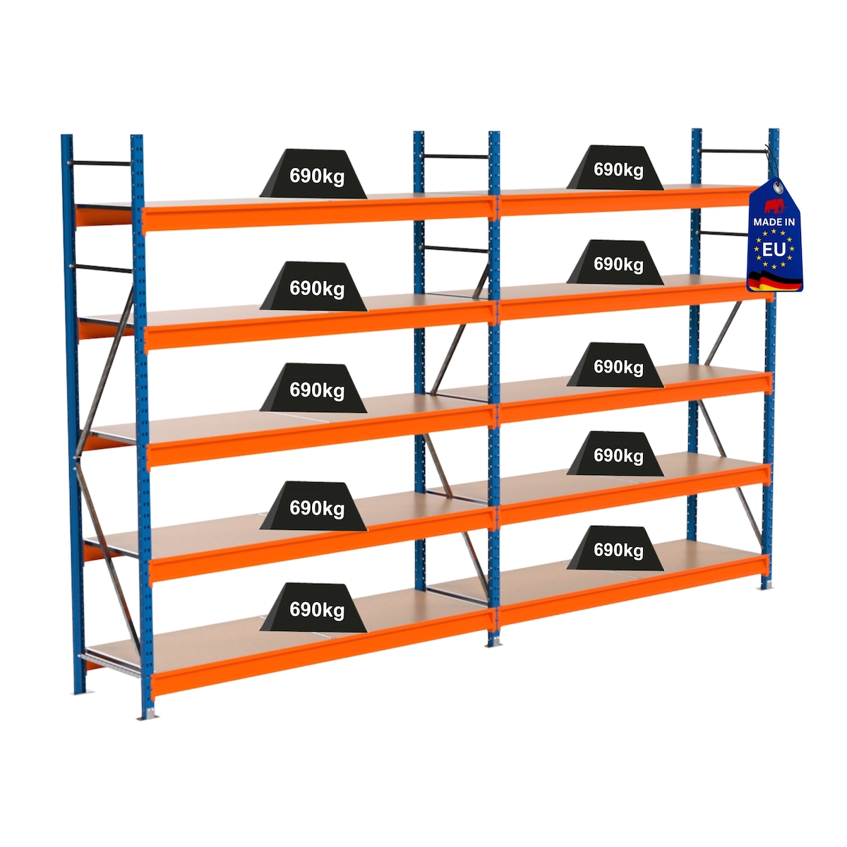 PROREGAL Industrie Schwerlastregal MAXIMUS PRO, Komplettregal, HxBxT 250x400x60cm, 5 Ebenen, Spanplatten-Fachboden, Fachlast 690 kg, Blau/Orange Image