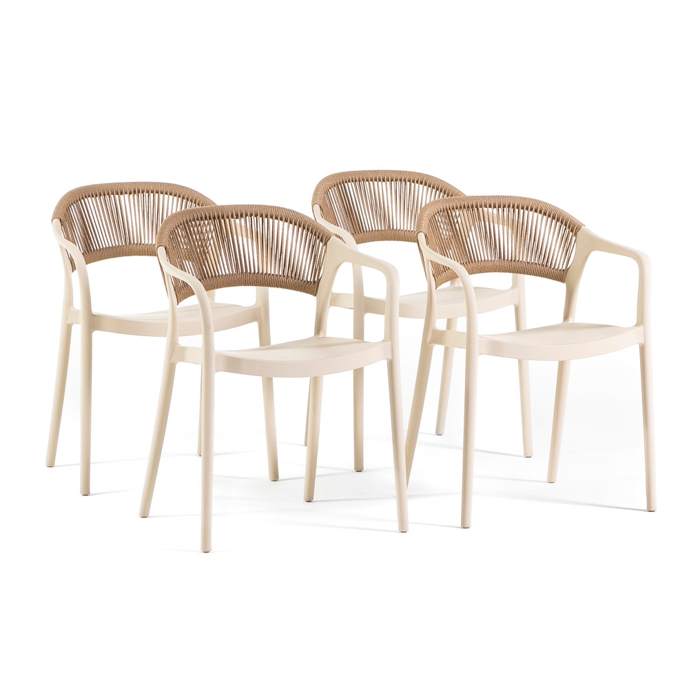 RATTATAN Set aus 4 Stühlen aus Polypropylen mit Kordelgeflecht, elegant, widerstandsfähig, stapelbar, für Garten, Balkon, Bars, Restaurants - JOLANDA - Creme Image