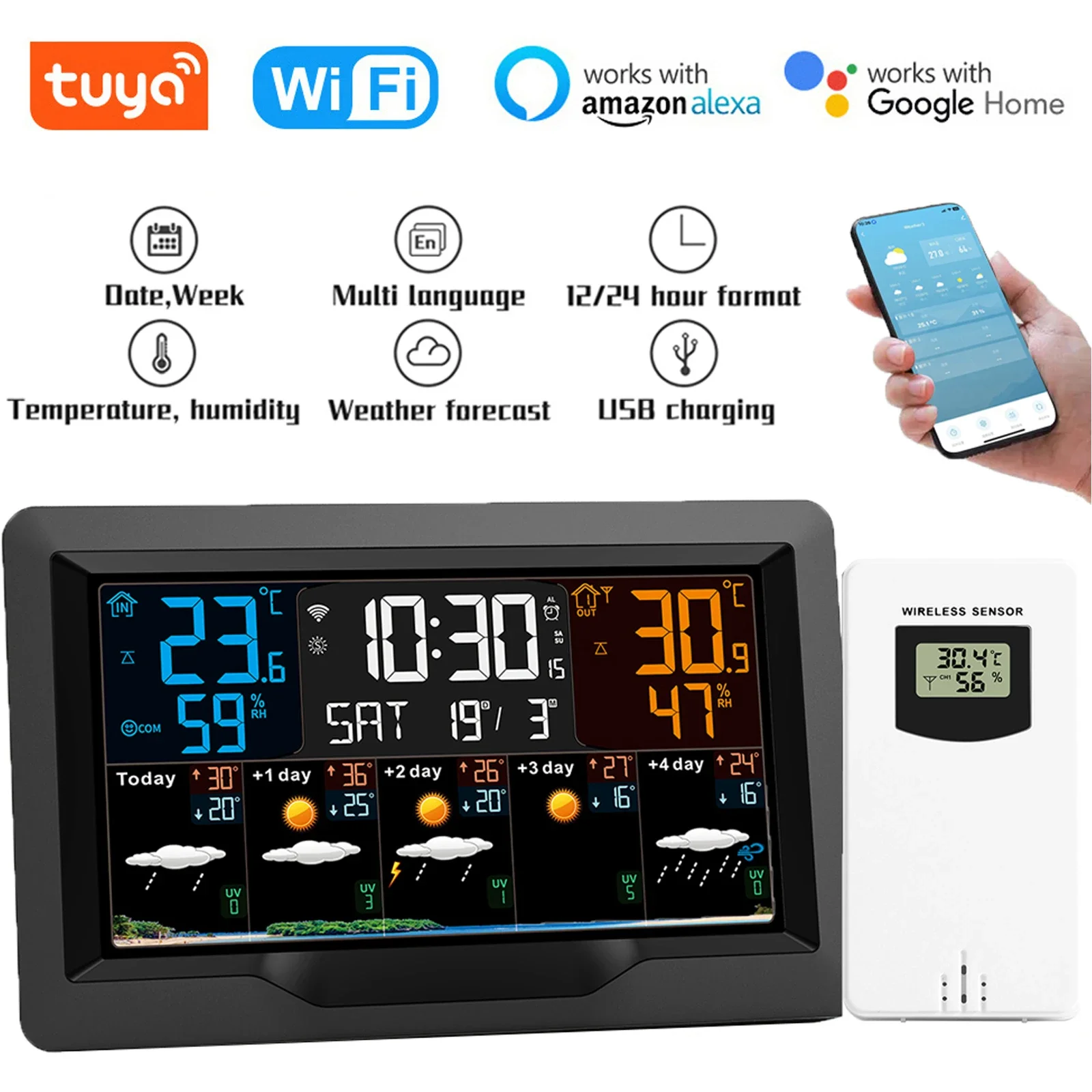 Station météo intelligente Tuya WIFI, thermomètre et hygromètre, prévisions météo, intérieur/extérieur, multifonctionnelle, réveil météo