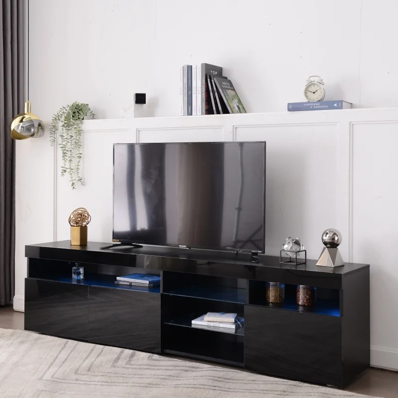 Meuble TV LED 180 Cm, meuble noir moderne pour salon avec tiroirs de rangement, meuble TV haute brillance ﻿