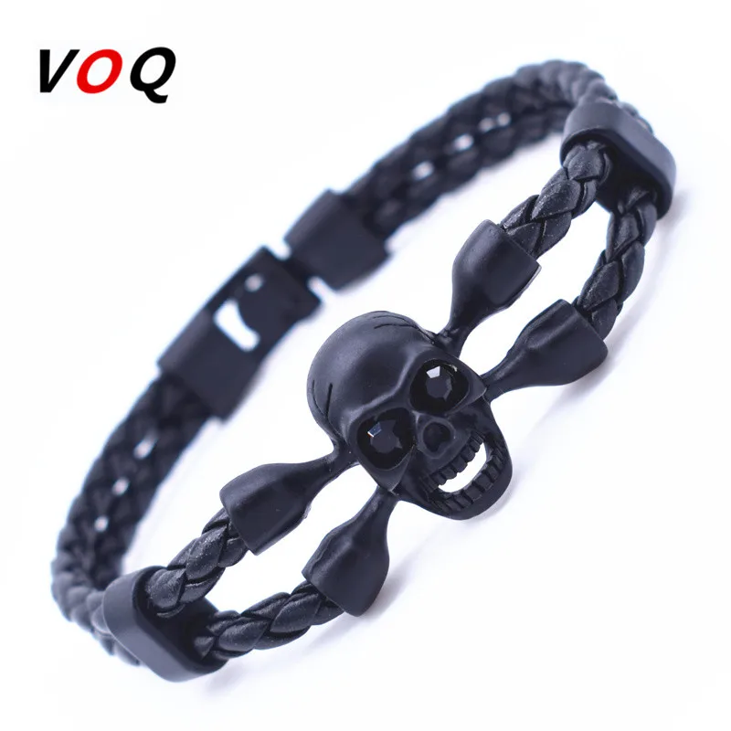 Vintage schwarz Skelett Schädel Charm Armbänder Armreifen hand gewebte Seil Leder Armband Männer Freundschaft Schmuck Großhandel Image