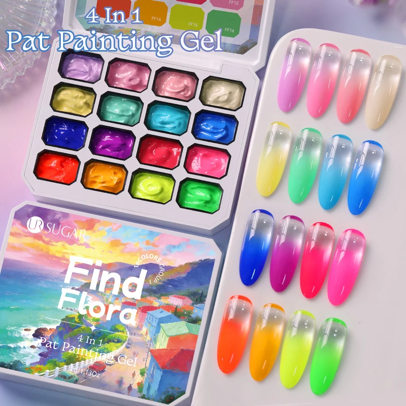 UR SUGAR 4 in 1 16 Farben Pat Painting Gel für Farbverlauf, Stempeln, Zeichnen, Muster, UV/LED Farbverlauf Patting Gel Palette Image