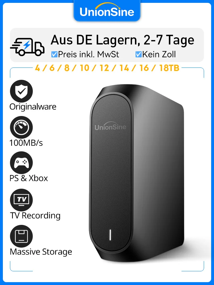 Externe Festplatte 18TB von UnionSine | Bis zu 270 MB/s | Für TV-Aufnahmen, PS4/PS5 & als Mediencenter | Kompatibel mit PC, Mac Image