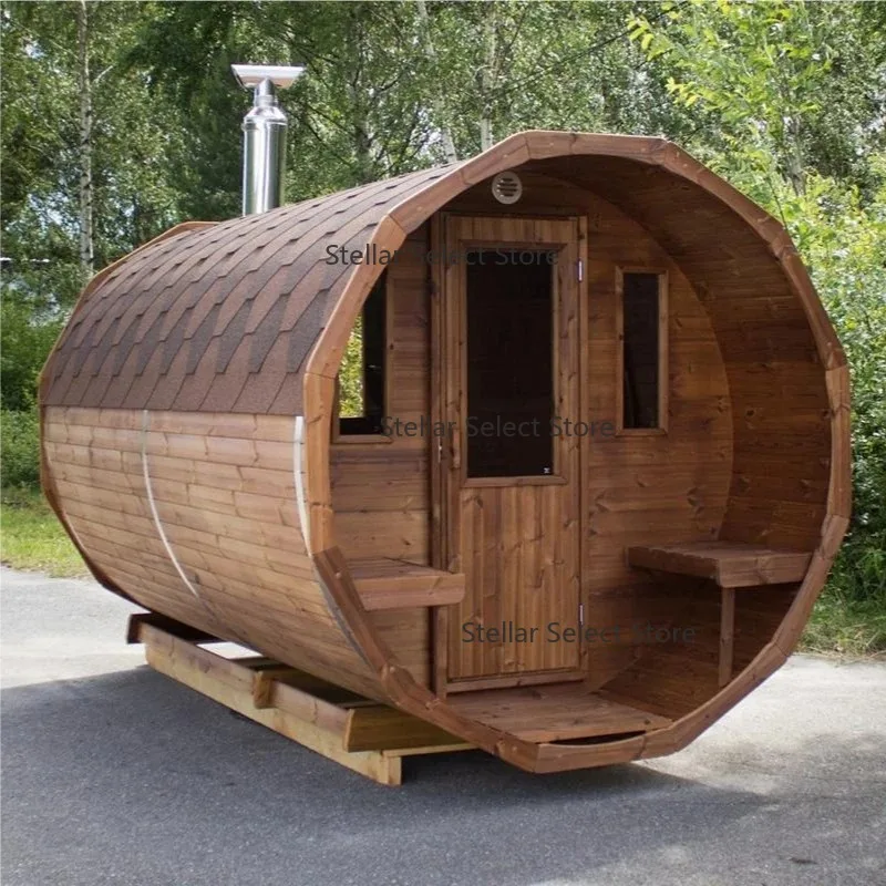 Anzahlung Traditionelle Panorama-Fass-Damp sauna für 4–6 Personen aus rotem Zedernholz für den Außenbereich mit Rückenlehne