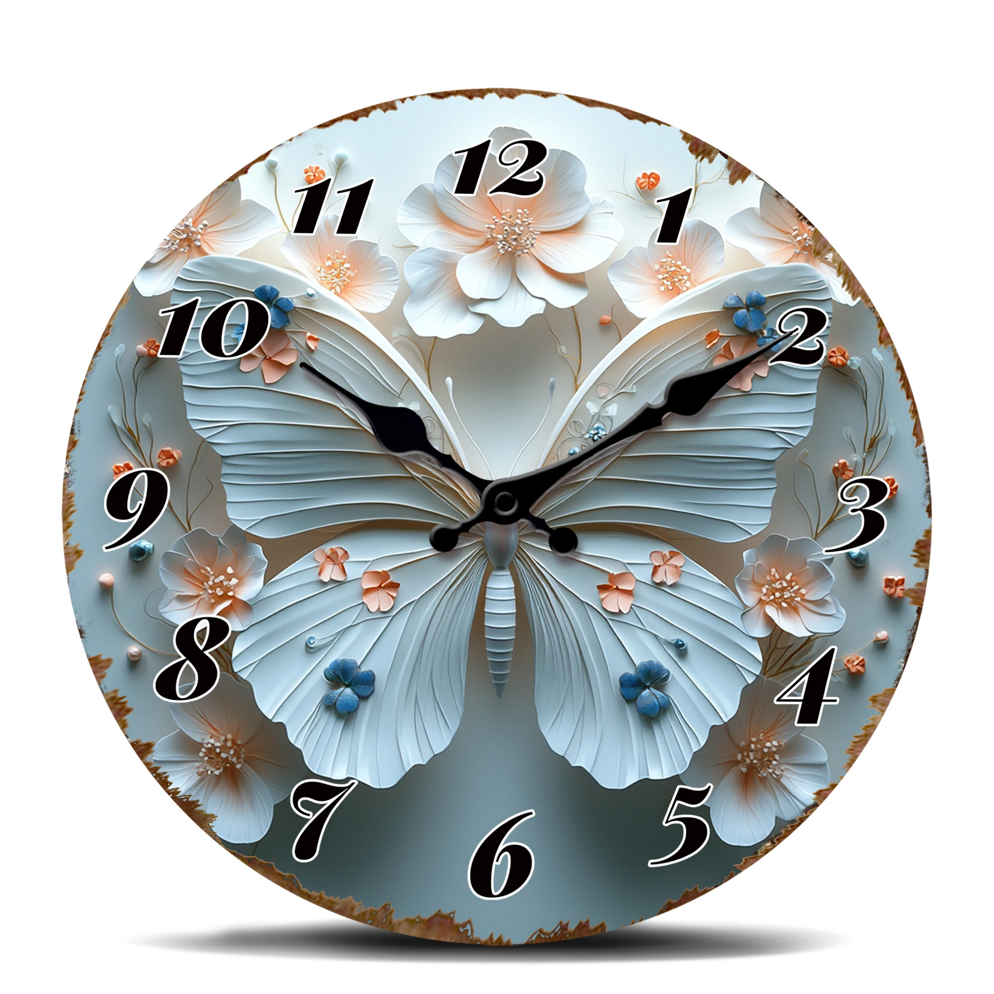 3D Schmetterling Blumen-Wanduhr, Elegantes Blaues Blumen- und Insekten-Design Runde Zeituhr, Dekorative Hängeuhr für Zuhause, Küche und Büro