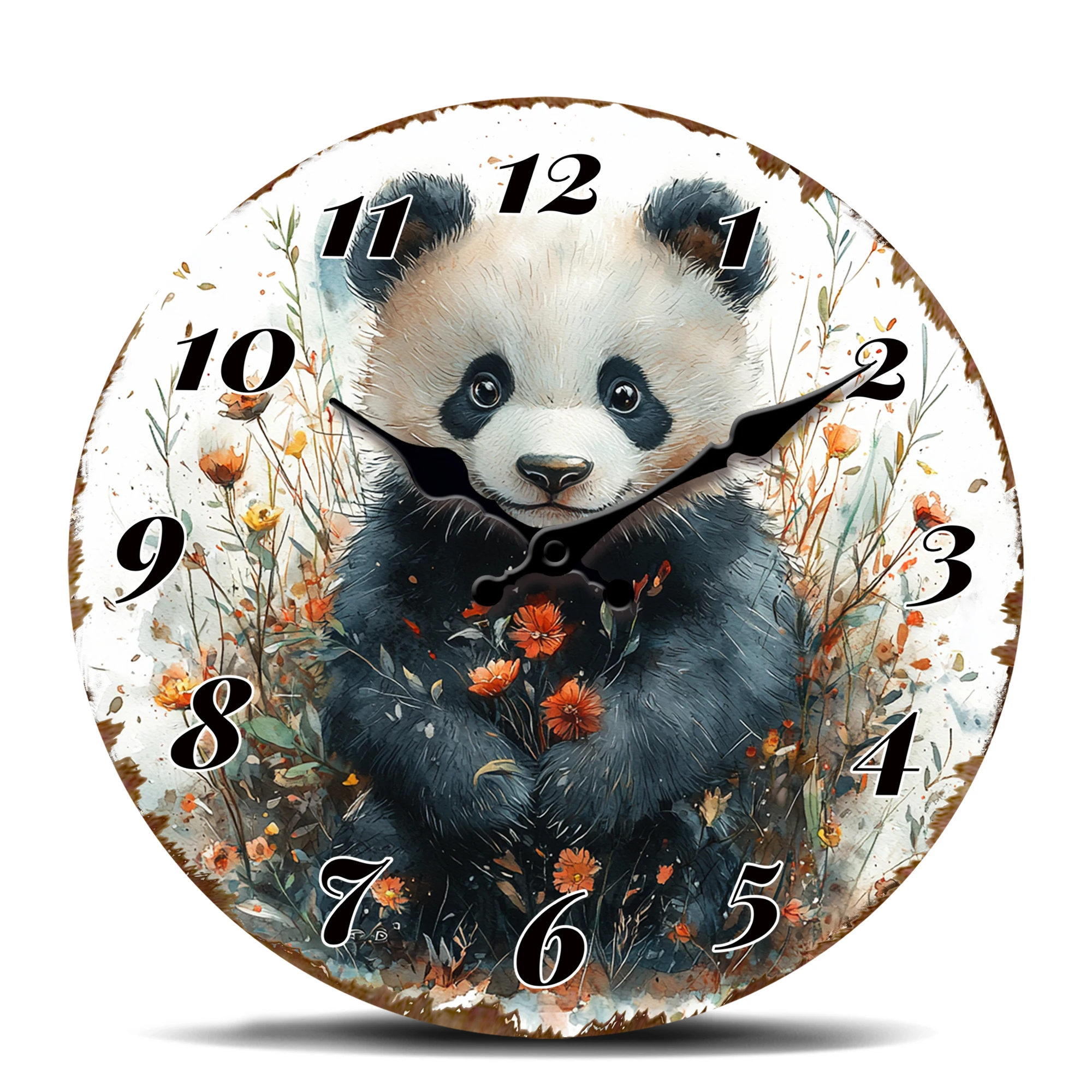 Entzückende Panda-Wanduhr, runde, dekorative, geräuschlose Uhr mit Aquarell-Blumenmotiv, niedliche Wanduhr mit Tiermotiv für das Kinderzimmer