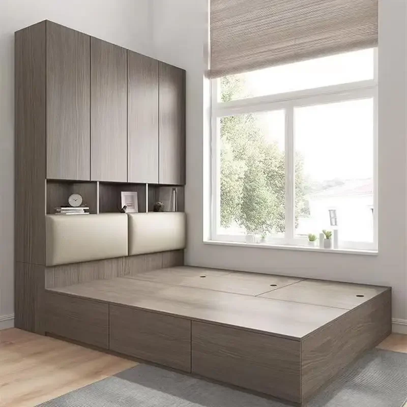 Nordic Tatami-Bett mit Stauraum, 1,2 Meter, kleine Wohnung, modernes, einfaches 1,5-hohes Kastenboden-Einzel-Kleiderschrankbett Image