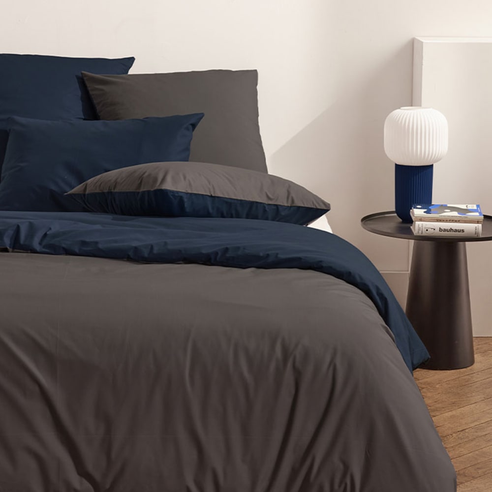 Parure de lit en percale de coton bio bleu et gris 240x220