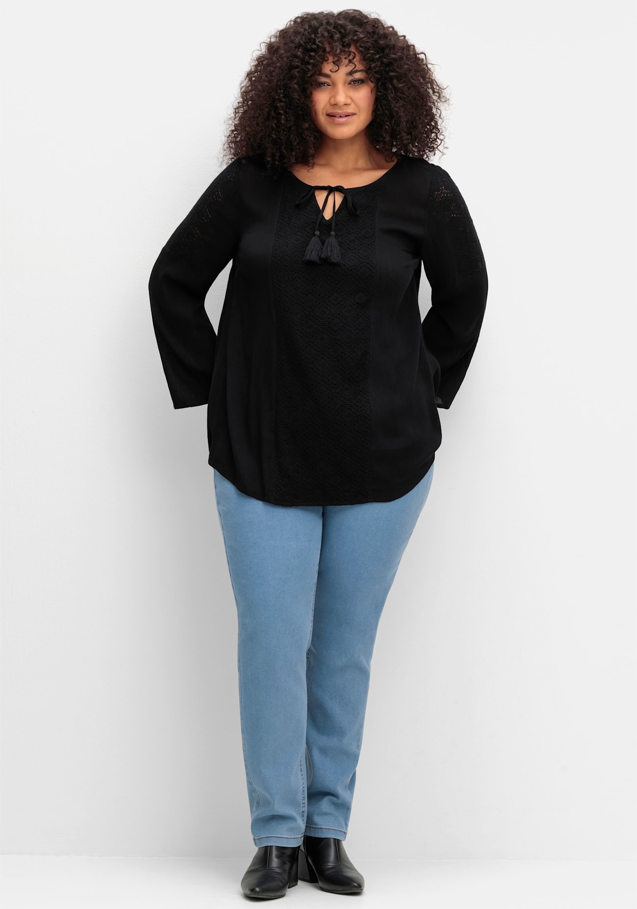 Schlupfbluse SHEEGO BY JOE BROWNS, Damen, Gr. 52, schwarz, 100% Viskose, Spitzenbesatz:100% Baumwolle, unifarben, Rundhals, Blusen Schlupfbluse