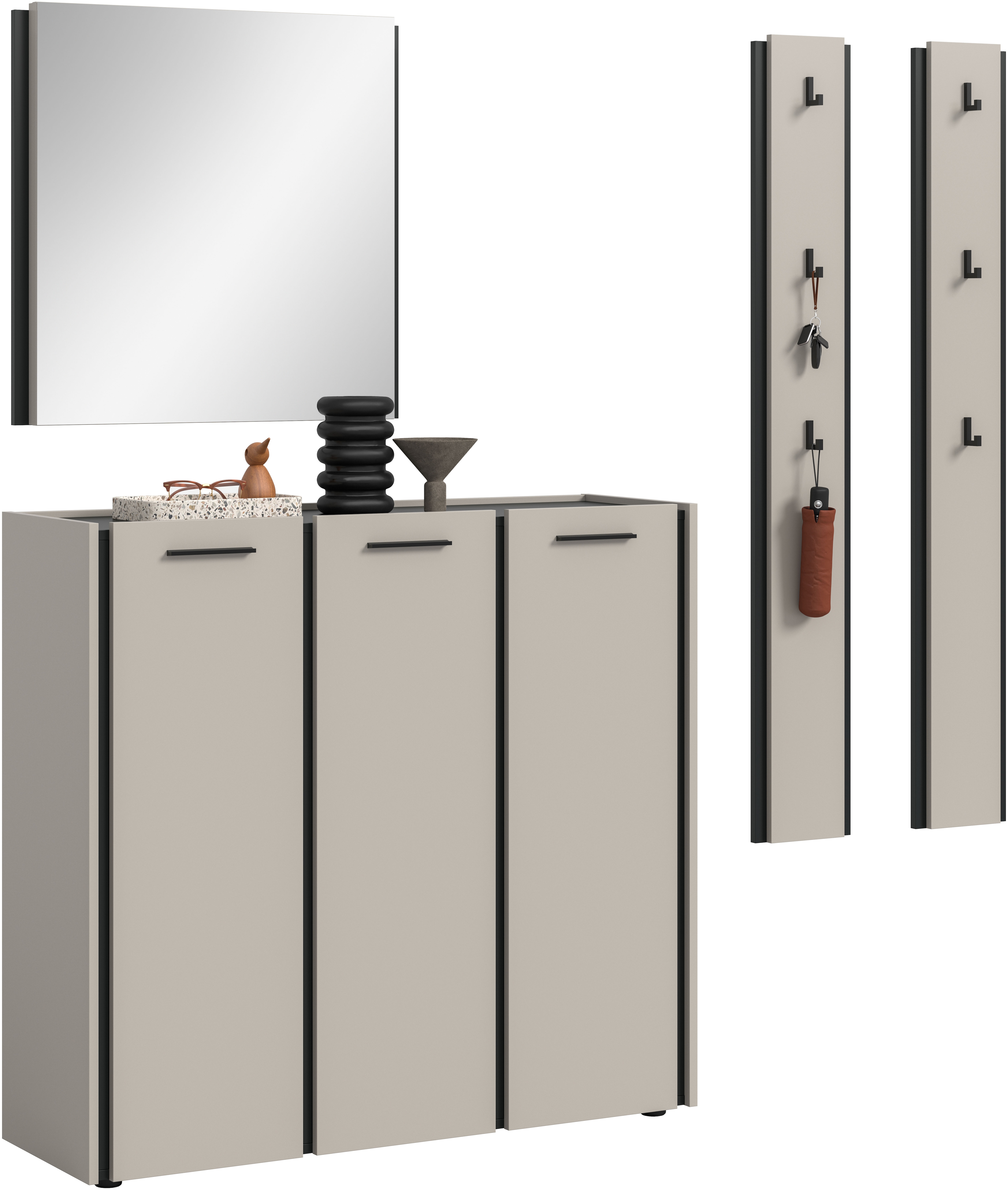 Garderoben-Set HOME AFFAIRE "RAK, 4-teilige Garderoben-Kombination, Breite ca. 180 cm", kaschmir, schwarz, B:180cm H:190cm T:37cm, Holzwerkstoff, Kastenmöbel-Sets, Garderobenkombination, Kombination, Set, Flurgarderobe, Diele