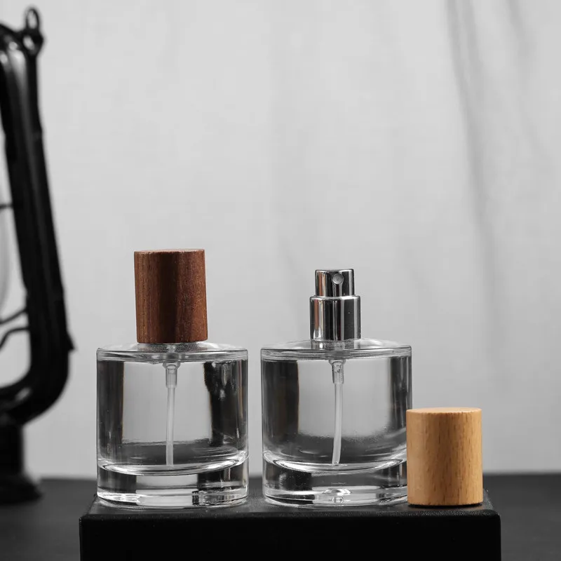 5 pezzi nuove bottiglie di profumo in vetro Premium da 50ml bottiglie Spray vuote con tappo in legno a crimpare Nick bottiglia di profumo atomizzatore bottiglia a baionetta