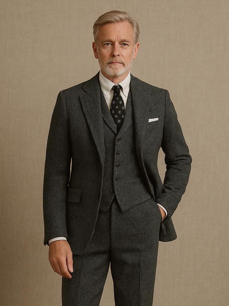 Abito da uomo in tweed a spina di pesce in lana, stile vintage, tre pezzi, grigio