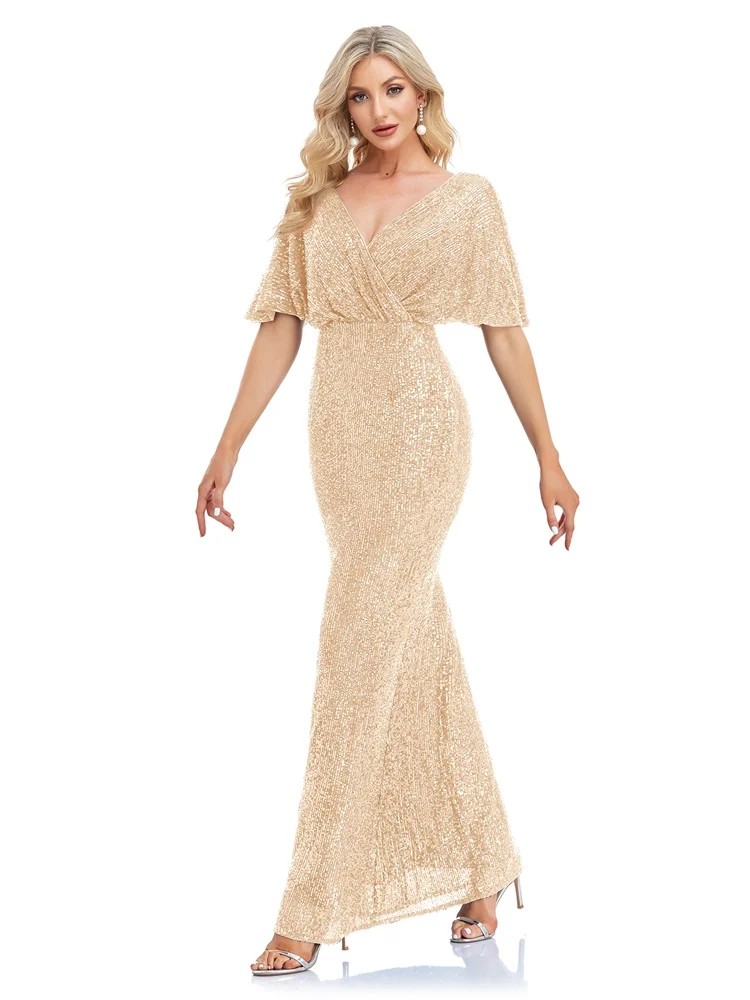 Frauen Elegante V-ausschnitt Luxus Abendkleid Sexy Pailletten Meerjungfrau Kleid Bodenlangen Prom Blau Party Kleid vestido