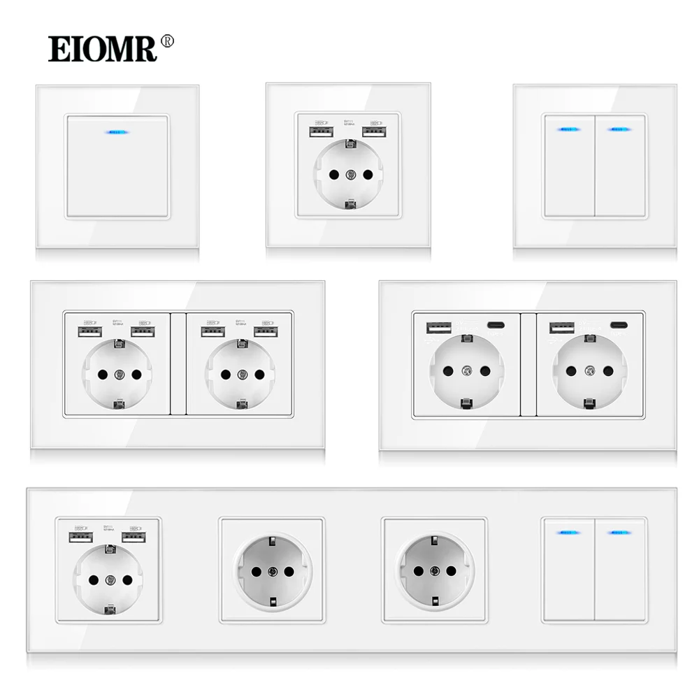 Eiomr eu standard 16a gehärtetem kristall glasscheibe wand steckdose steckdose elektrischer stecker mit usb 5v 2100ma Ac110-250V weiß Image