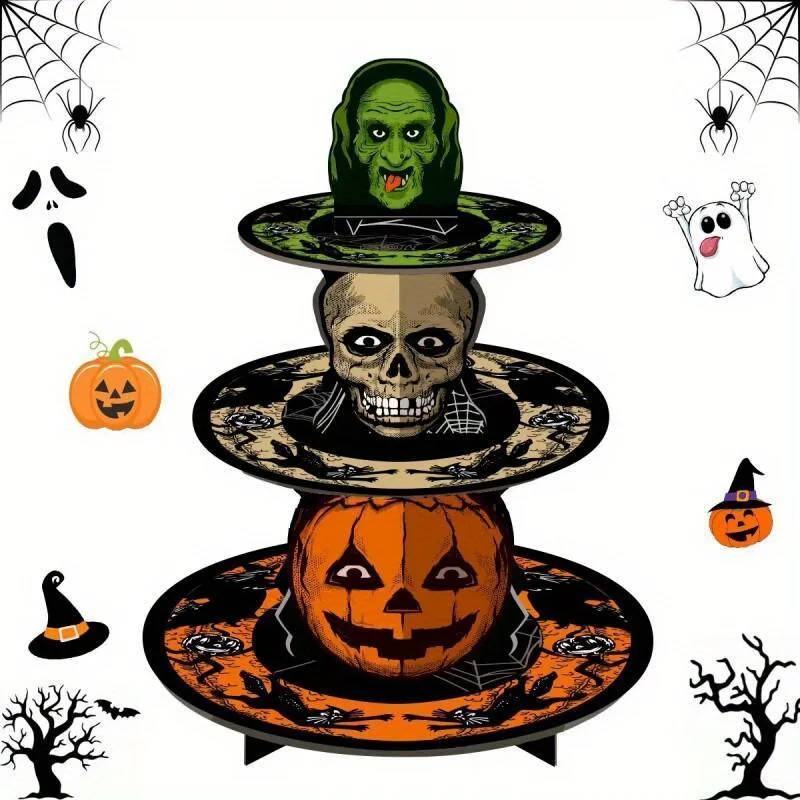 Halloween-Kuchenständer, Kürbis-Skelett-Muster, 3-stöckiger Cupcake-Ständer aus Pappe, Dessert-Display-Halter, Halloween-Party-Dekorationen Image