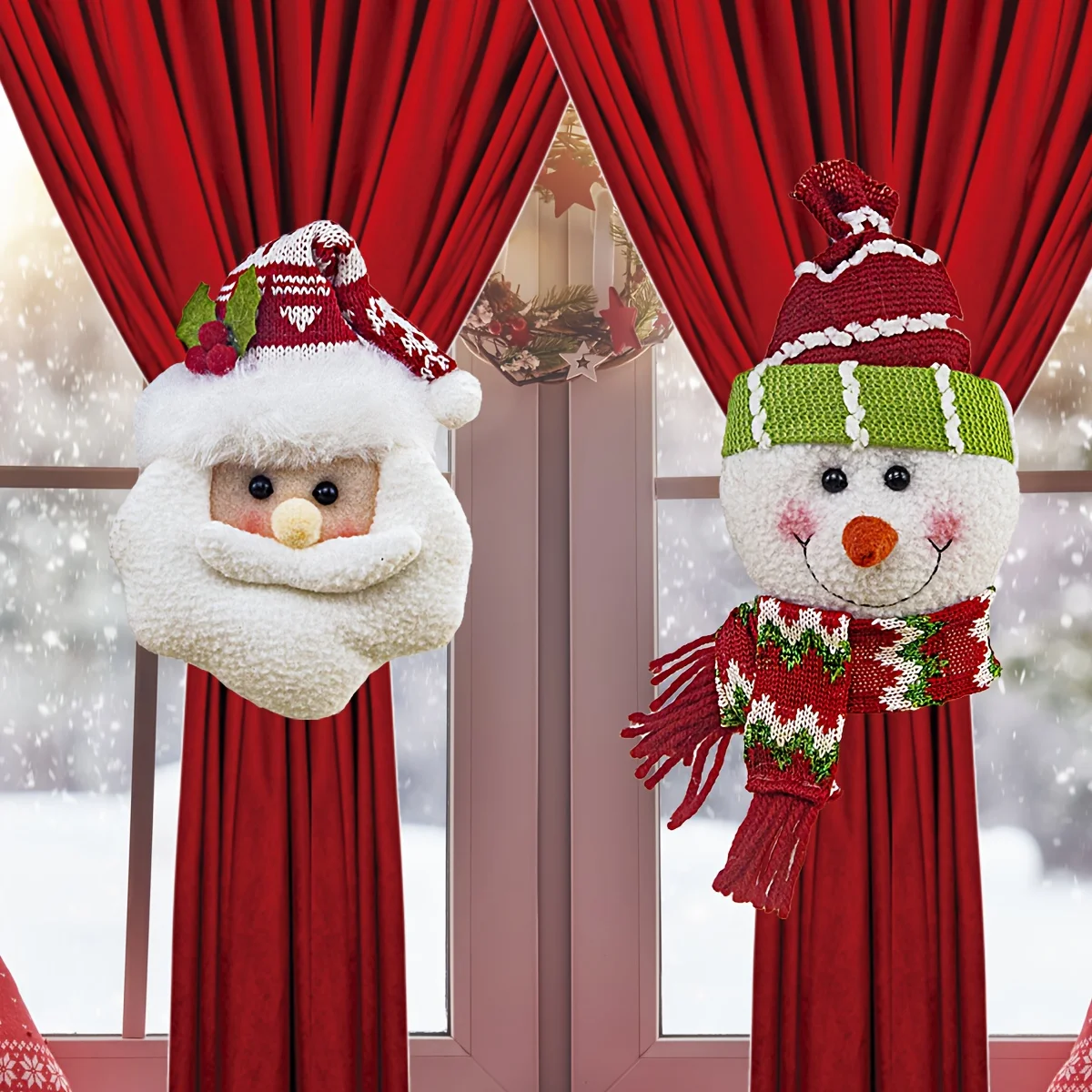 1/2pc Festliche Santa Schneemann Vorhang Clips Retro Plaid Weihnachten Fenster Dekorationen Urlaub Vorhang Haken Für Home Festival decor Image