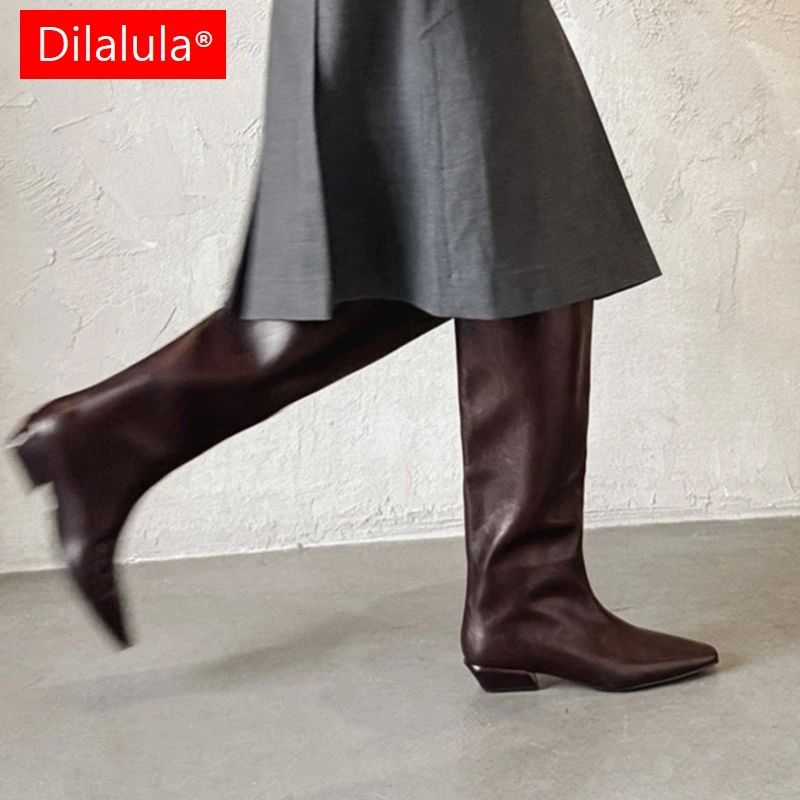 Dilalula 2025 Beliebte Echtes Leder Frauen Slip Auf Lange Stiefel Damen Mode Kniehohe Reitstiefel Weibliche Komfort Casual Stiefel
