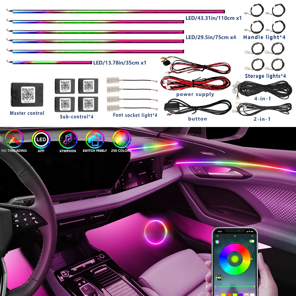 64-Farben RGB Symphony Auto Umgebungslicht Innenraum Acrylführung LED-Streifen Licht Dekoration Atmosphärenlampe mit Speicherfunktion Image