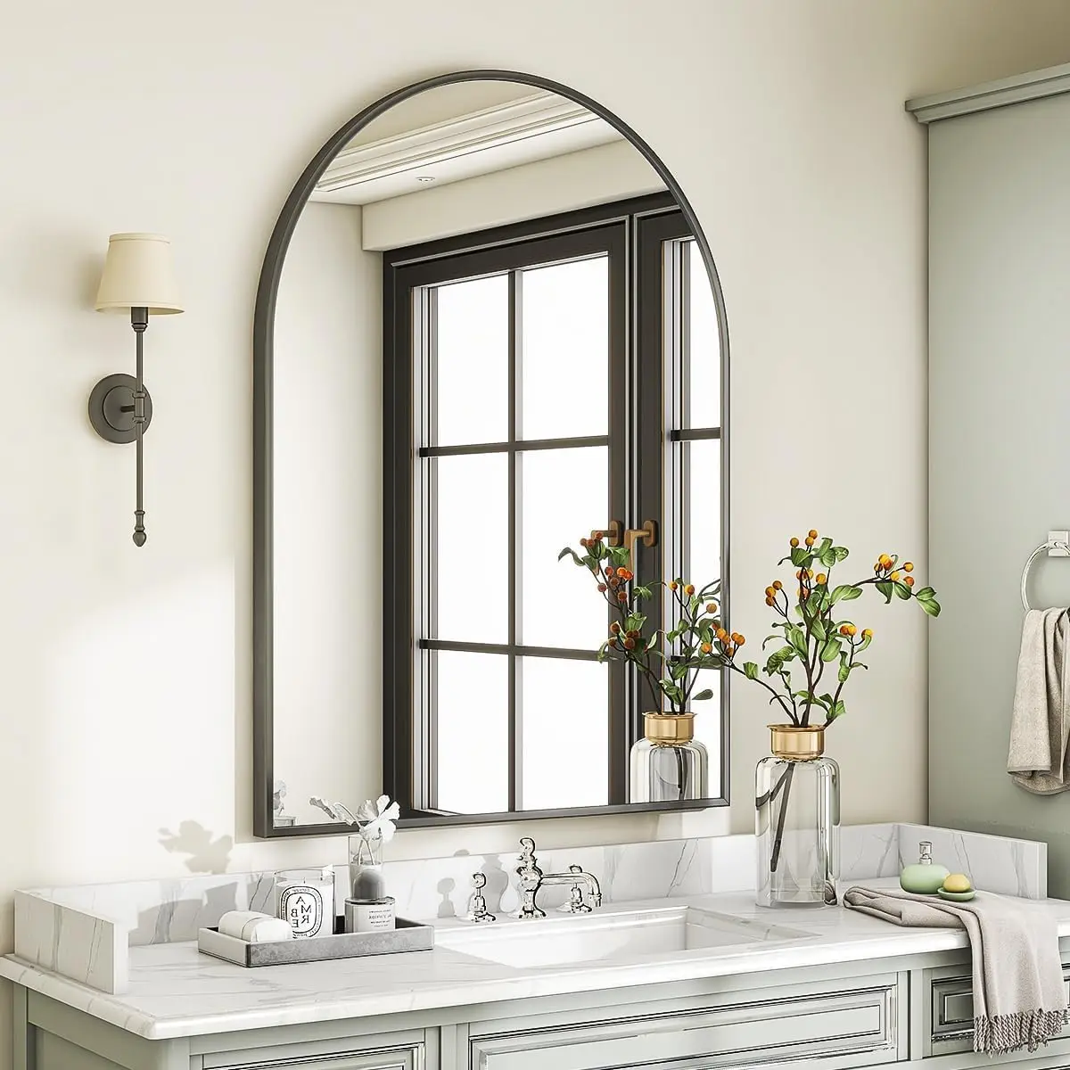 Spiegel für Wand und Tisch, Badezimmer-Kosmetikspiegel, Bauernhaus, großer rechteckiger/Bogenspiegel mit Metallrahmen, rostfrei, gehärtetes Glas Image